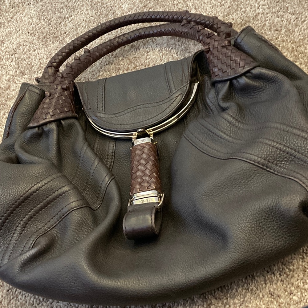 Fendi Dark Brown Leather large spy vintage Bag with Braided Handles